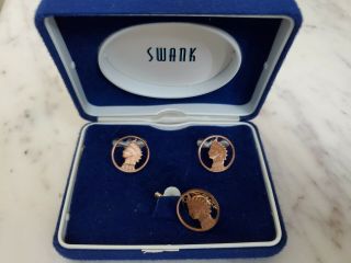 Rare Vintage Swank Indian Head 1900 & 1906 Penny Cuff Links & 1902 Tack Tie Set