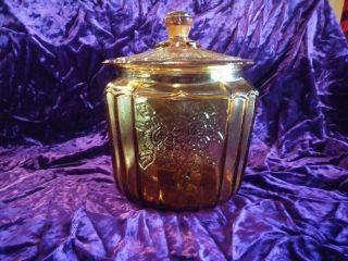Vintage Amber Glass Cookie Jar/biscuit Canister Open Rose Mayfair Floral Rare