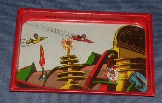 Vintage Tin Litho Dexterity Game Toy W/ Futureistic City Rocket Art Ultra Rare