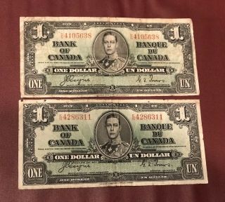 Bank Of Canada 1 Dollar Two 2 Bank Notes 1937 Rare King George