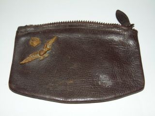 Rare Vintage Wwii Raf Personal Leather Tobacco Pouch With Brass Wings
