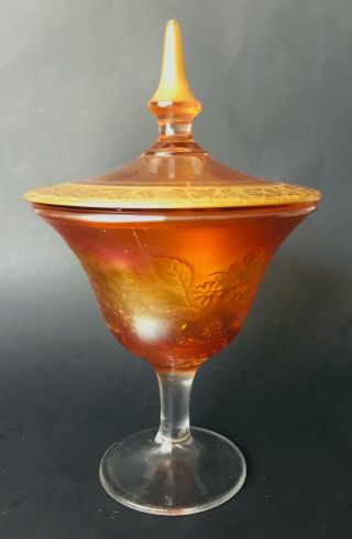 Rare Fenton Compote Iridescent Marigold Art Nouveau Peacock Carnival Glass & Lid