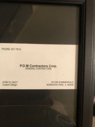 Authentic John Wayne Gacy Business Card - P.  D.  M Contractors Corp.  Framed - Rare