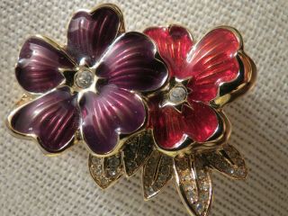 Bob Mackie Crystal & Enamel Floral Brooch Pin - Rare - Vintage - Signed - Gold Tone