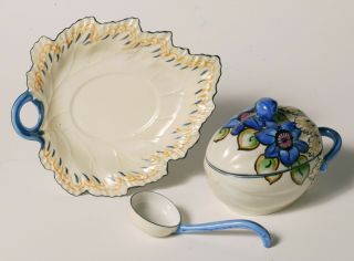 Vintage Art Deco Noritake Melon Jam Set - Blue Flowers With Rare Spoon
