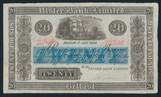 Northern Ireland: Ulster Bank 1 - 1 - 1944 £20.  Pick 318 Nvf - Cat Vf $373 Rare