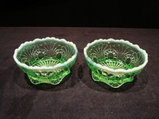 Set Of 2 Vintage Rare Northwood Shell Opalescent Green Footed Novelty Bowl