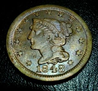 Rare Bu - Au Unc 1848 Large Cent Braided Hair Penny Type Coin Cartwheel Luster