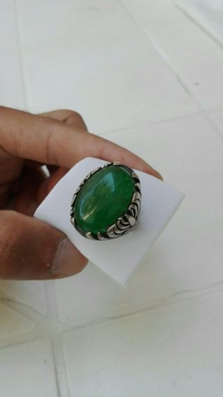 Mens Yemeni Green Aqeeq Ring Sterling Silver 925 Aqiq Rare Green Agate Handmade