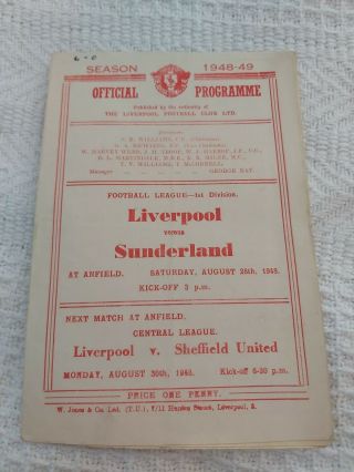 Liverpool Fc V Sunderland August 28th Div 1 1948 And Very Rare