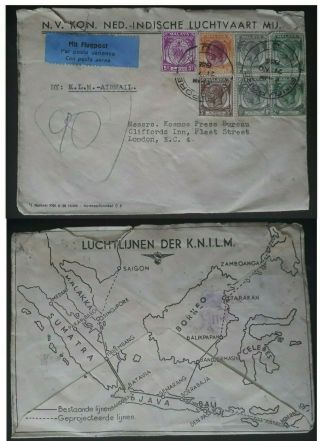 Rare 1936 Malaya Airmail Cover Ties 7 Kgv Stamps Canc Singapore To London