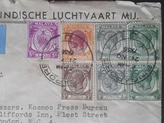 RARE 1936 Malaya Airmail Cover ties 7 KGV stamps canc Singapore to London 3