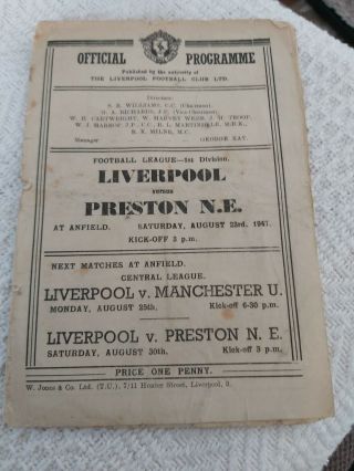 Liverpool Fc V Preston N.  E Aug 23th 1947 Rare And