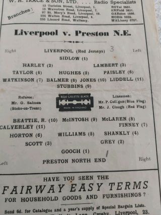 LIVERPOOL FC V Preston N.  E AUG 23th 1947 Rare And 2