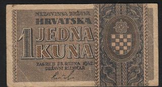 1943 Croatia 1 Kun Wwii Ndh Money Rare Banknote German Nazi Occupation P 7 Vf