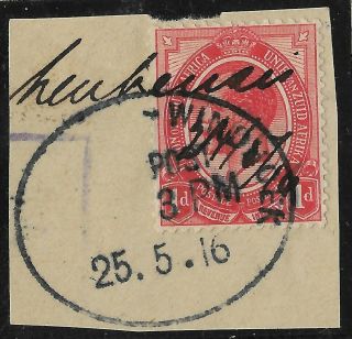Swa Kgv 1916 - 1d Revenue Pen Cns - Date Stamp " Windhoek 25.  5.  16 " On Piece - Rare