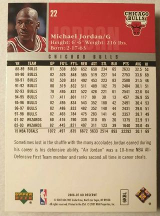 2006 - 07 Upper Deck Reserve Michael Jordan 22 Rare Premium Refractor - Like Card 3