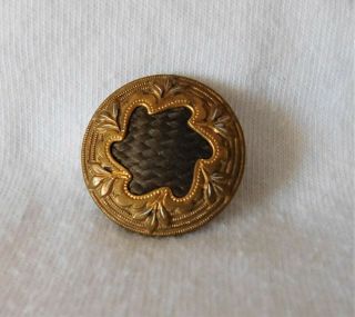 Rare Antique Mourning Hair Button Brass Leaf & Scroll Design W/ Brown Hair Work