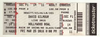 Rare David Gilmour 3/25/16 Hollywood Bowl Ticket Stub Pink Floyd Los Angeles