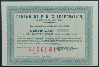 Usa/netherlands - Paramount Publix Corp.  - 1930 - Dutch Cert.  - Specimen - Rare -