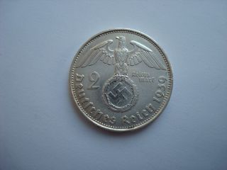 2 Reichsmark 1939 B German Hitler Silver Coin Third Reich Nazi Swastika Xx - Rare