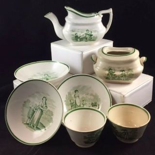 Rare Antique Green Transferware Childs Tea Set Dishes 7 Piece Staffordshire