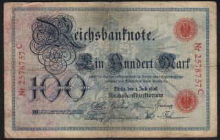 1898 100 Mark Germany Rare Antique Vintage Paper Money Banknote Currency P 20a F