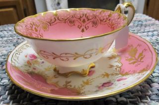 Cauldon China England Rare Footed Tea Cup And Saucer Gold Rose Pink Floral