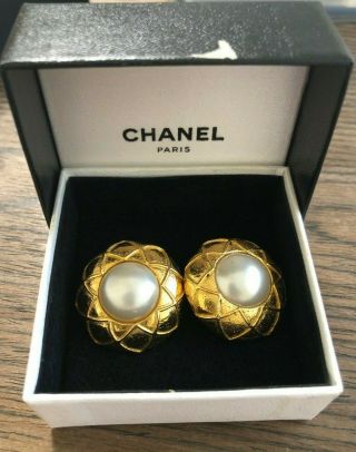Authentic Rare Vintage Chanel Cc Logo Gold Pearl Round Hoop Clip Earrings