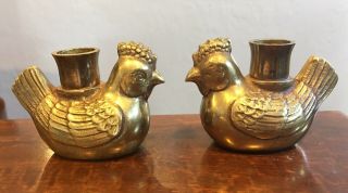 Set Vintage Brass Rooster Chicken Candlesticks Candle Holder Bird Rare
