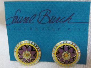 Vintage Signed Laurel Burch Rare Water Lilies Flower Earrings Purple Black Blue