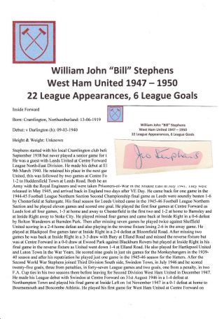 Bill Stephens West Ham Utd 1947 - 1950 Rare Hand Signed Cutting/card
