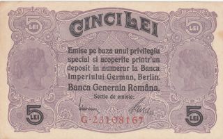 5 Lei Ef - Aunc Banknote From German Occupied Romania 1917 Pick - M5 Rare