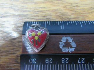 Rare Ant/vtg Sterling Red W/green/yellow Enamel Puffy Heart Charm Beaded Brd