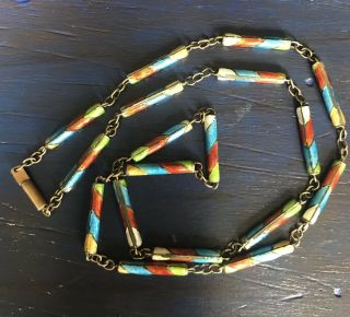Rare Vintage Art Deco Chinese Export Enamel Bead Necklace 21” Silver Gold Wash