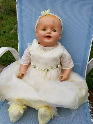 Large 25 " Antique Composition Baby Girl Doll With Rare Green Eyes