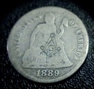 Rare 1889 Seated Liberty Silver Dime Coin Masonic Mason Templar Counterstamp