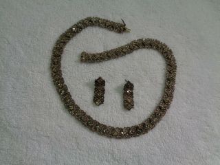 Rare Vtg 925 Sterling Silver 19 " Wide Marcasite Necklace & Earring Set 82 Grams