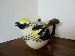 Vintage Meridian Ceramic Teapot Hand Painted Warbler Signed - - Very Rare