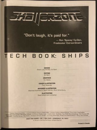 SHATTERZONE TECH BOOK : SHIPS - RARE 1994 WEST END GAMES RPG MASTER SOURCE BOOK 3