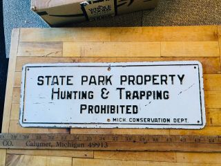 Vintage Hunting & Trapping Sign Heavy Steel Michigan Dept Of Conservation Rare
