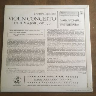 SAX 2411 UK orig.  BRAHMS Violin Concerto in D major OISTRAKH,  KLEMPERER Ex Rare 3