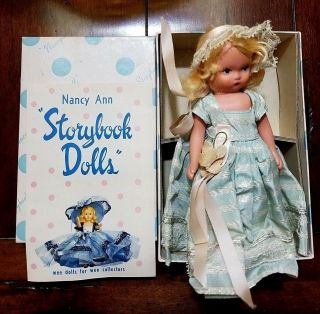 Vintage Nancy Ann Storybook Doll Flower Girl W Box,  Rare Blue Dress,  Socket Head