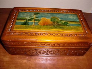 Vtg Rare Wooden Autumn Fall Scenic Design Hand Crafted Hand Painted Trinket Box