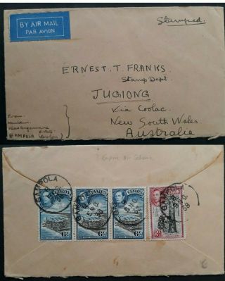 Rare 1938 Ceylon Cover Ties 4 Stamps Canc Gampola To Jugiong Australia
