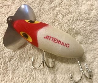 Rare Fishing Lure Fred Arbogast Flocked Jitterbug White W/ Red Head Tackle Box
