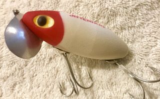 Rare Fishing Lure Fred Arbogast Flocked Jitterbug White w/ Red Head Tackle Box 3