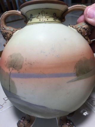 RARE ANTIQUE NIPPON FOOTED HAND PAINTED BEADED MORIAGE HANDLED VASE/URN 3