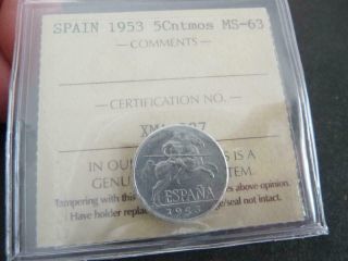 Spain 1953 Rare 5 Centimos Iccs Pro - Graged Ms - 63 Cv Us$90 Key Date Z1038