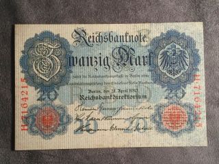 1910 20 Mark Germany Vintage Banknote Currency Paper Money Rare Antique Note